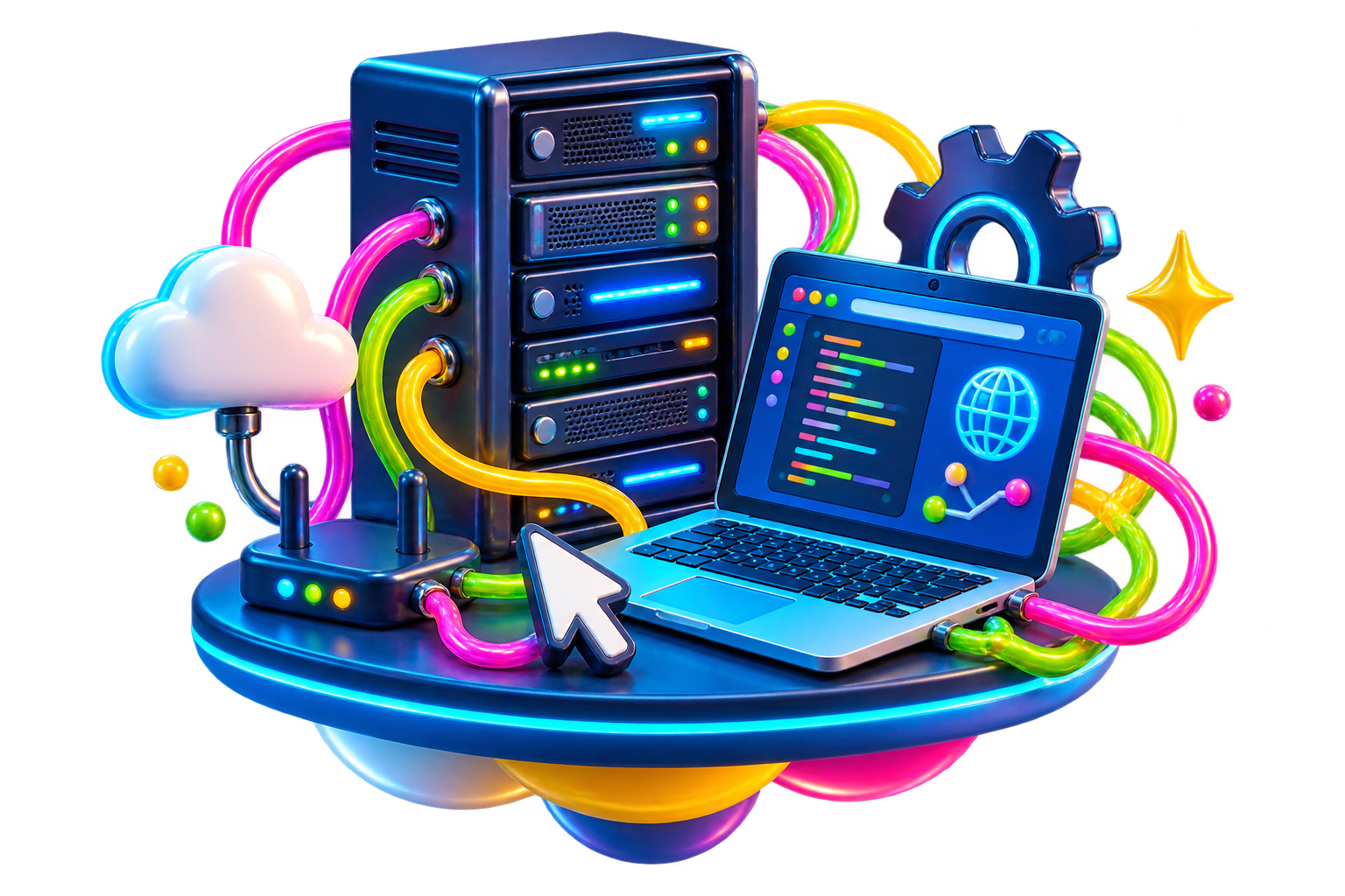3D workstation with server, laptop, and network cables